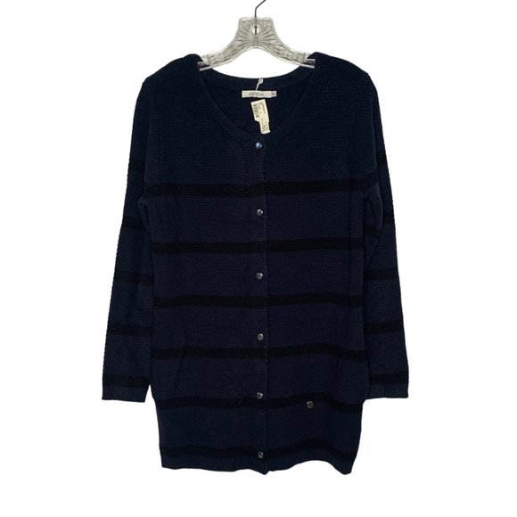 •SOLD•FRNCH Blue + Black Striped Snap Front Long-Sleeve Cardigan Sweater NWT M/L - Picture 1 of 7